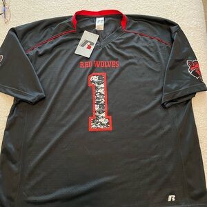 NWT, RUSSELL Men’s Jersey, 2XL, Dark grey with red, 100% polyester, side slits